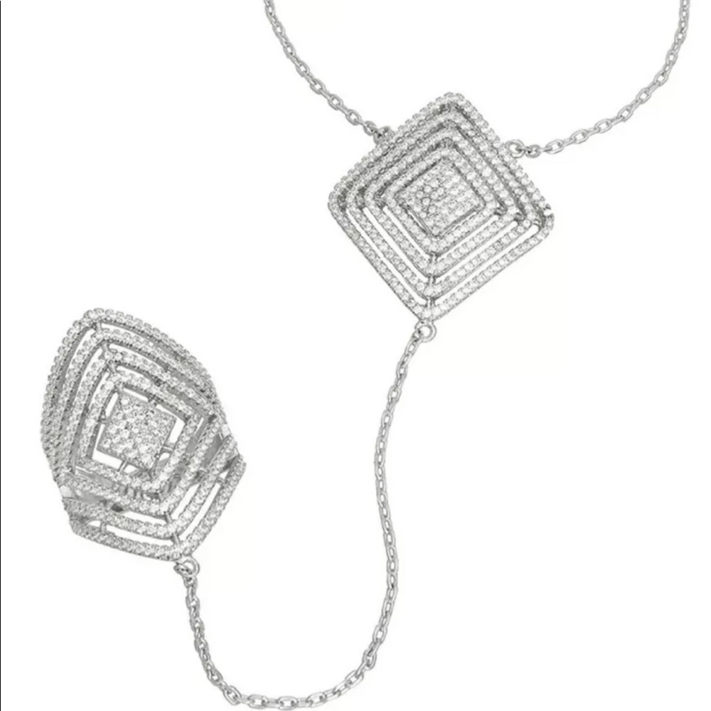 New Micro Pave Rhinestone Rhodium Art Deco Design Bracelet Chain Ring wristlet